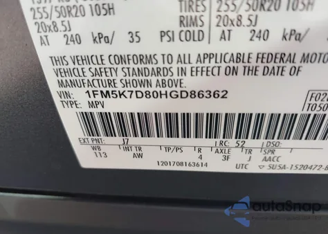 2017 Ford Explorer Xlt из США, поврежденный, VIN 1FM5K7D80HGD86362